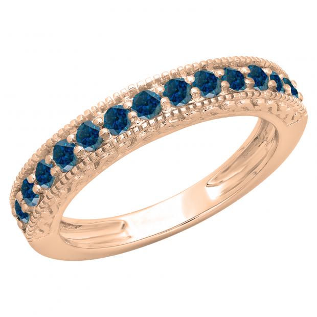 0.55 Carat (ctw) 10K Rose Gold Round Cut Blue Diamond Ladies Milgrain Anniversary Wedding Stackable Band 1/2 CT