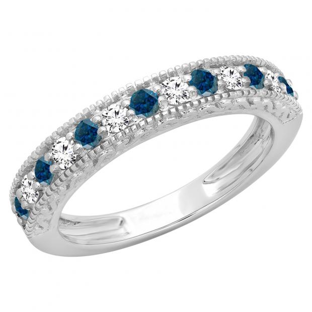 0.55 Carat (ctw) 14K White Gold Round Cut Blue & White Diamond Ladies Milgrain Anniversary Wedding Stackable Band 1/2 CT