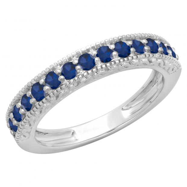 0.55 Carat (ctw) 10K White Gold Round Cut Blue Sapphire Ladies Milgrain Anniversary Wedding Stackable Band 1/2 CT