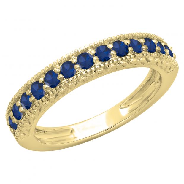 0.55 Carat (ctw) 10K Yellow Gold Round Cut Blue Sapphire Ladies Milgrain Anniversary Wedding Stackable Band 1/2 CT