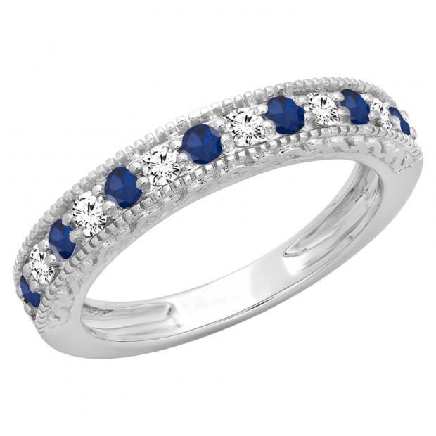 0.55 Carat (ctw) 10K White Gold Round Cut Blue Sapphire & White Diamond Ladies Milgrain Anniversary Wedding Stackable Band 1/2 CT