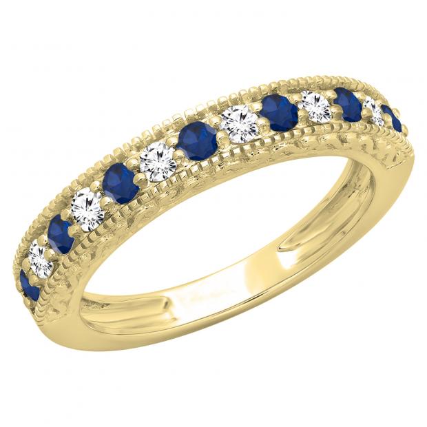 0.55 Carat (ctw) 18K Yellow Gold Round Cut Blue Sapphire & White Diamond Ladies Milgrain Anniversary Wedding Stackable Band 1/2 CT
