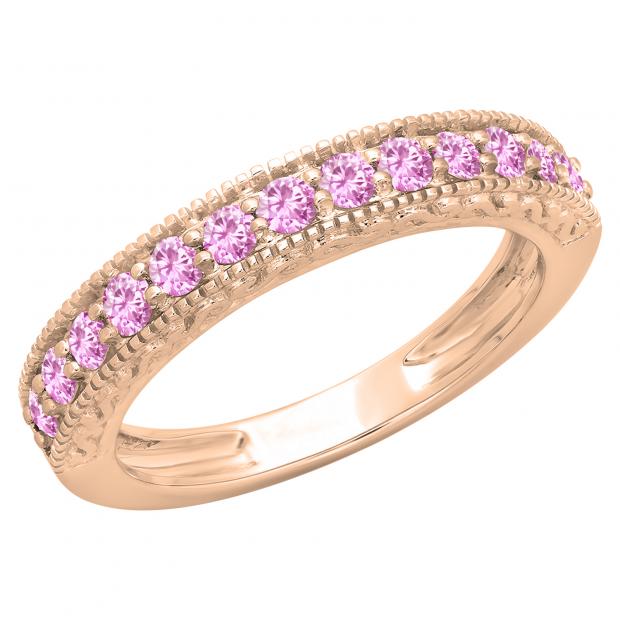0.55 Carat (ctw) 10K Rose Gold Round Cut Pink Sapphire Ladies Milgrain Anniversary Wedding Stackable Band 1/2 CT