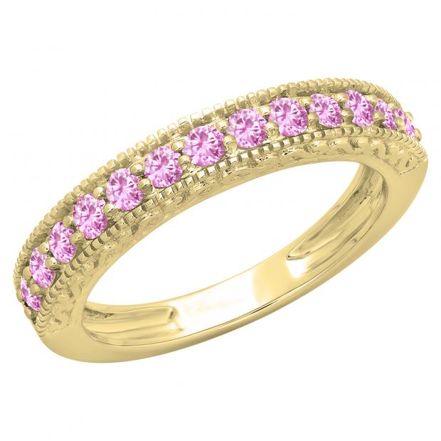 0.55 Carat (ctw) 10K Yellow Gold Round Cut Pink Sapphire Ladies Milgrain Anniversary Wedding Stackable Band 1/2 CT