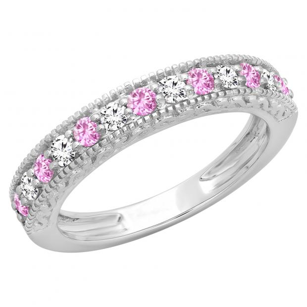 0.55 Carat (ctw) 14K White Gold Round Cut Pink Sapphire & White Diamond Ladies Milgrain Anniversary Wedding Stackable Band 1/2 CT