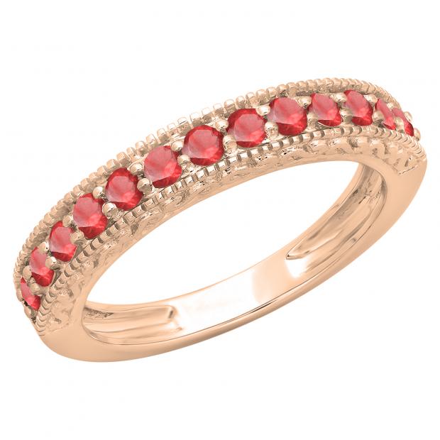 0.55 Carat (ctw) 10K Rose Gold Round Cut Red Ruby Ladies Milgrain Anniversary Wedding Stackable Band 1/2 CT