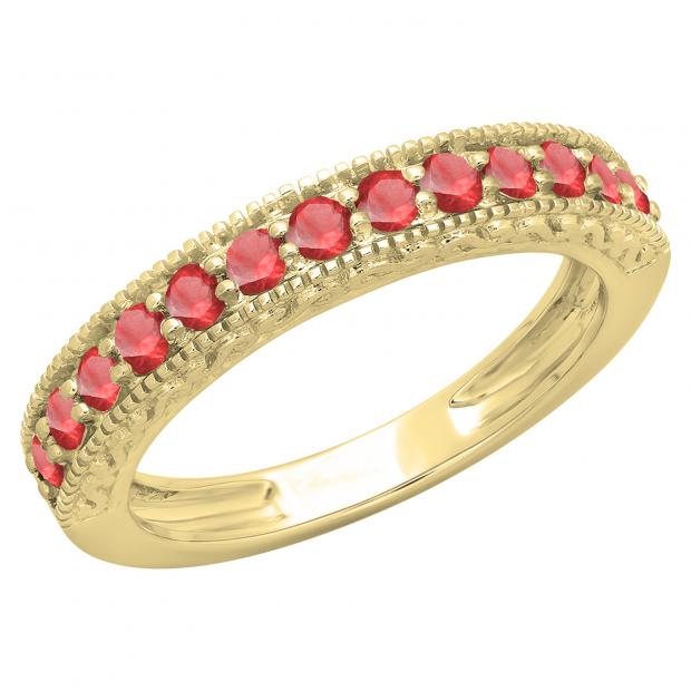 0.55 Carat (ctw) 10K Yellow Gold Round Cut Red Ruby Ladies Milgrain Anniversary Wedding Stackable Band 1/2 CT
