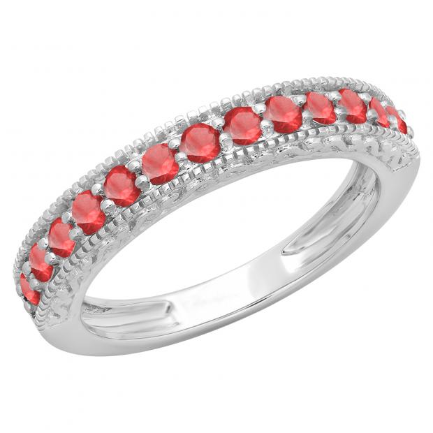 0.55 Carat (ctw) 14K White Gold Round Cut Red Ruby Ladies Milgrain Anniversary Wedding Stackable Band 1/2 CT