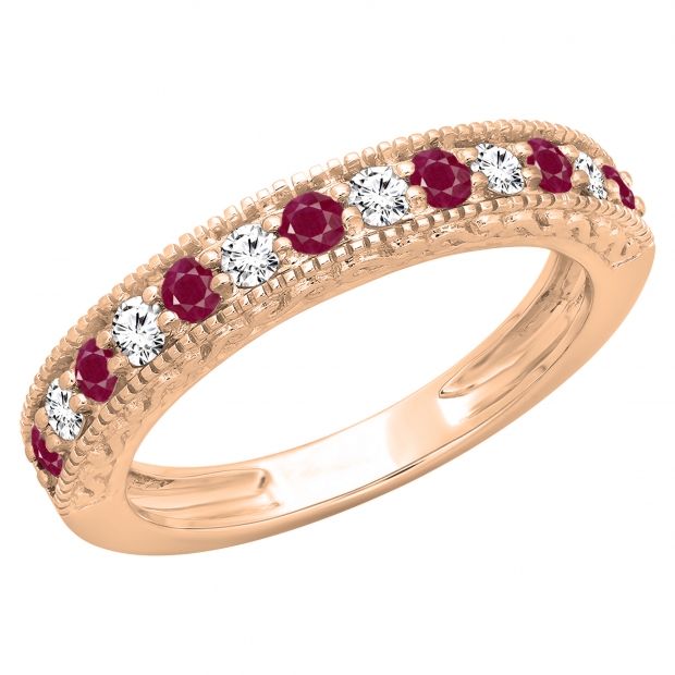 0.55 Carat (ctw) 10K Rose Gold Round Cut Red Ruby & White Diamond Ladies Milgrain Anniversary Wedding Stackable Band 1/2 CT