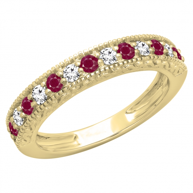 0.55 Carat (ctw) 10K Yellow Gold Round Cut Red Ruby & White Diamond Ladies Milgrain Anniversary Wedding Stackable Band 1/2 CT