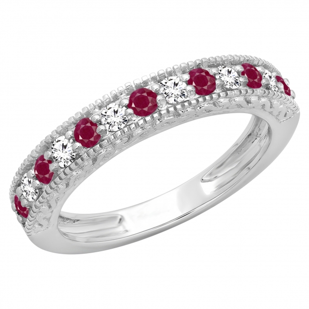 0.55 Carat (ctw) 14K White Gold Round Cut Red Ruby & White Diamond Ladies Milgrain Anniversary Wedding Stackable Band 1/2 CT