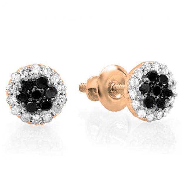 0.30 Carat (ctw) 10K Rose Gold Black & White Diamond Ladies Cluster Flower Stud Earrings 1/3 CT