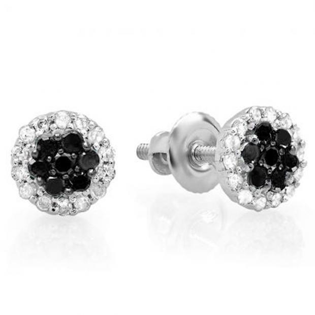 0.30 Carat (ctw) 10K White Gold Black & White Diamond Ladies Cluster Flower Stud Earrings 1/3 CT