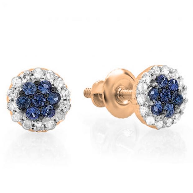 0.30 Carat (ctw) 10K Rose Gold Blue Sapphire & White Diamond Ladies Cluster Flower Stud Earrings 1/3 CT