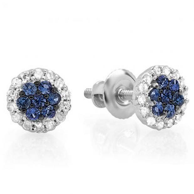 0.30 Carat (ctw) 18K White Gold Blue Sapphire & White Diamond Ladies Cluster Flower Stud Earrings 1/3 CT
