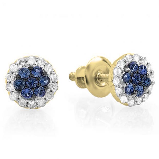 0.30 Carat (ctw) 18K Yellow Gold Blue Sapphire & White Diamond Ladies Cluster Flower Stud Earrings 1/3 CT
