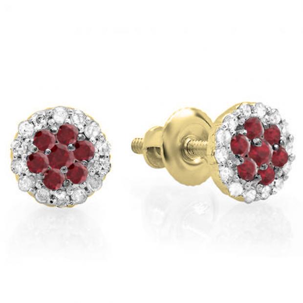 0.30 Carat (ctw) 10K Yellow Gold Red Ruby & White Diamond Ladies Cluster Flower Stud Earrings 1/3 CT