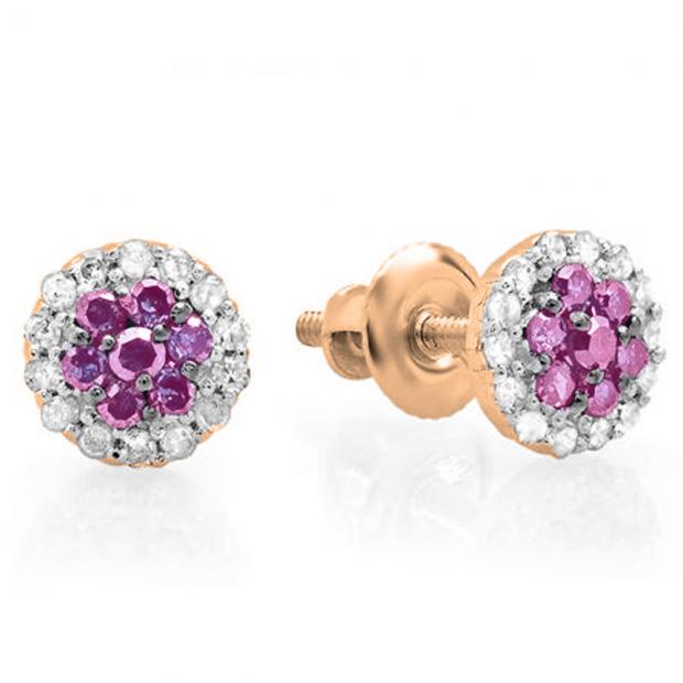 0.30 Carat (ctw) 10K Rose Gold Pink Sapphire & White Diamond Ladies Cluster Flower Stud Earrings 1/3 CT