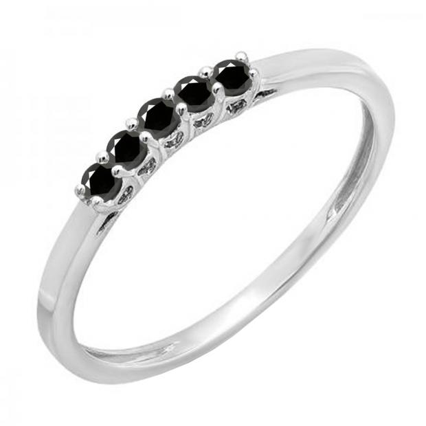 0.15 Carat (ctw) 14K White Gold Round Black Diamond Ladies 5 Stone Anniversary Wedding Band Ring