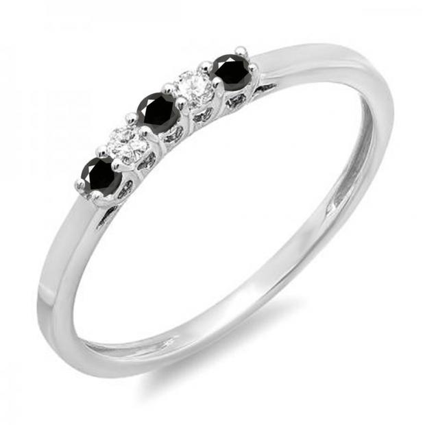 0.15 Carat (ctw) 14K White Gold Round Black & White Diamond Ladies 5 Stone Anniversary Wedding Band Ring