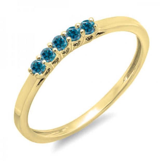 0.15 Carat (ctw) 14K Yellow Gold Round Blue Diamond Ladies 5 Stone Anniversary Wedding Band Ring