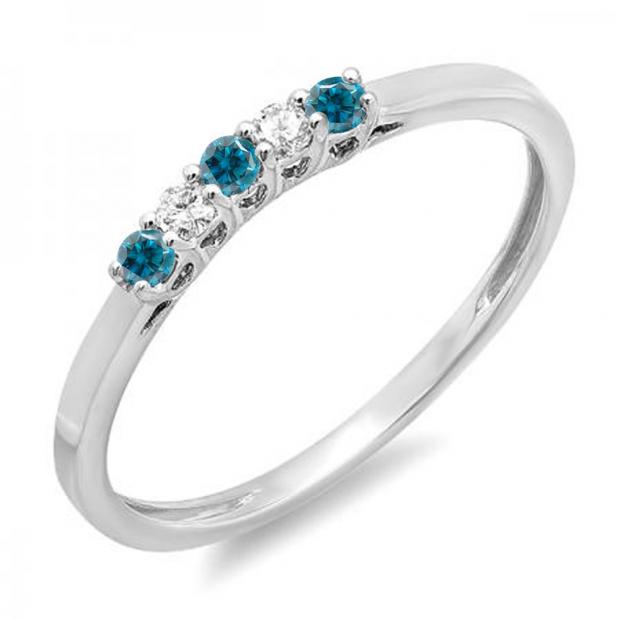 0.15 Carat (ctw) 14K White Gold Round Blue & White Diamond Ladies 5 Stone Anniversary Wedding Band Ring
