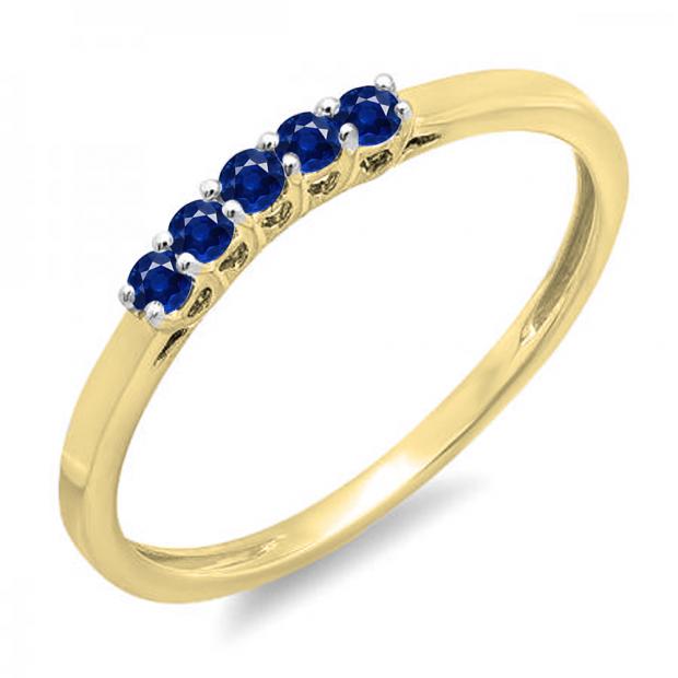 0.15 Carat (ctw) 14K Yellow Gold Round Blue Sapphire Ladies 5 Stone Anniversary Wedding Band Ring