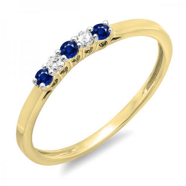 0.15 Carat (ctw) 10K Yellow Gold Round Blue Sapphire & White Diamond Ladies 5 Stone Anniversary Wedding Band Ring
