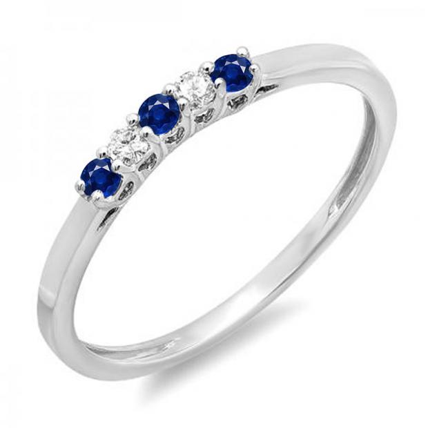0.15 Carat (ctw) 14K White Gold Round Blue Sapphire & White Diamond Ladies 5 Stone Anniversary Wedding Band Ring