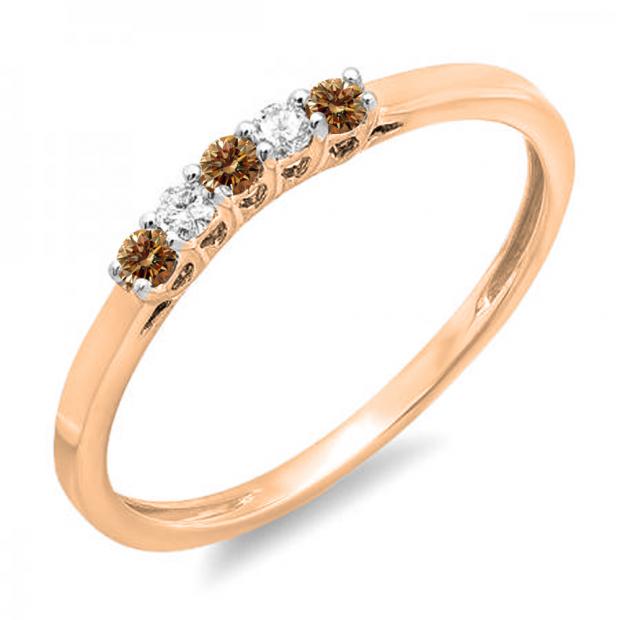 0.15 Carat (ctw) 14K Rose Gold Round Champagne & White Diamond Ladies 5 Stone Anniversary Wedding Band Ring