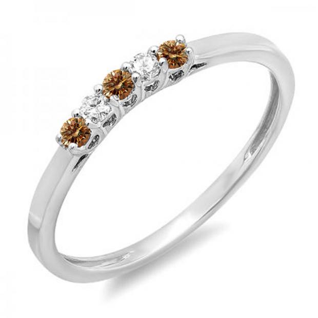 0.15 Carat (ctw) 14K White Gold Round Champagne & White Diamond Ladies 5 Stone Anniversary Wedding Band Ring