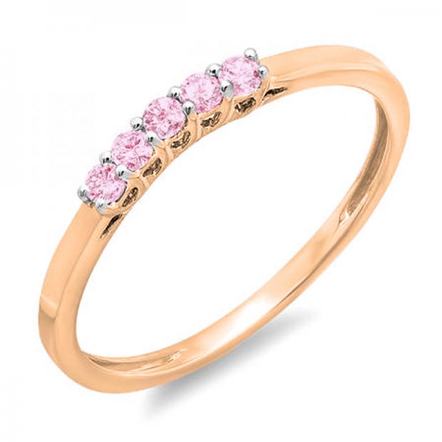 0.15 Carat (ctw) 10K Rose Gold Round Pink Sapphire Ladies 5 Stone Anniversary Wedding Band Ring