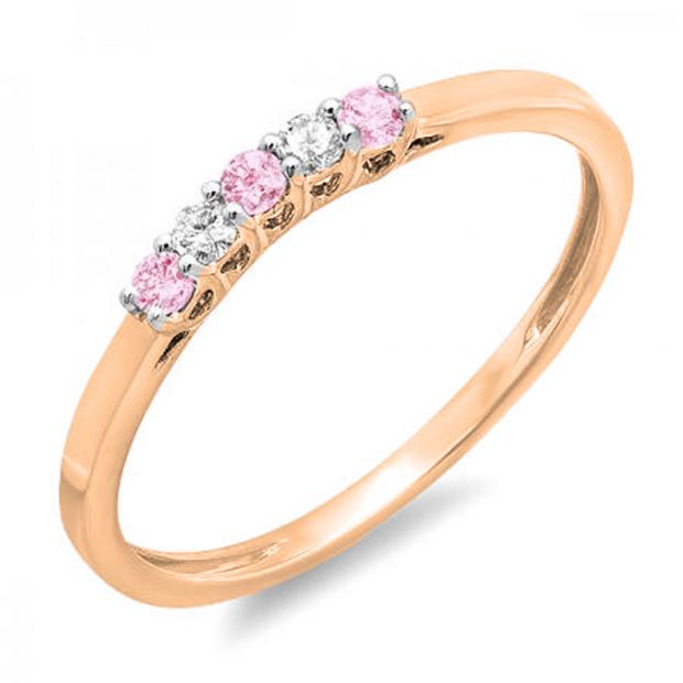 0.15 Carat (ctw) 10K Rose Gold Round Pink Sapphire & White Diamond Ladies 5 Stone Anniversary Wedding Band Ring