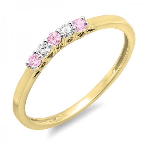 0.15 Carat (ctw) 14K Yellow Gold Round Pink Sapphire & White Diamond Ladies 5 Stone Anniversary Wedding Band Ring
