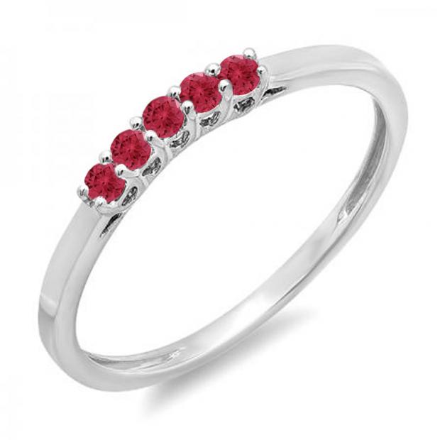0.15 Carat (ctw) 18K White Gold Round Red Ruby Ladies 5 Stone Anniversary Wedding Band Ring