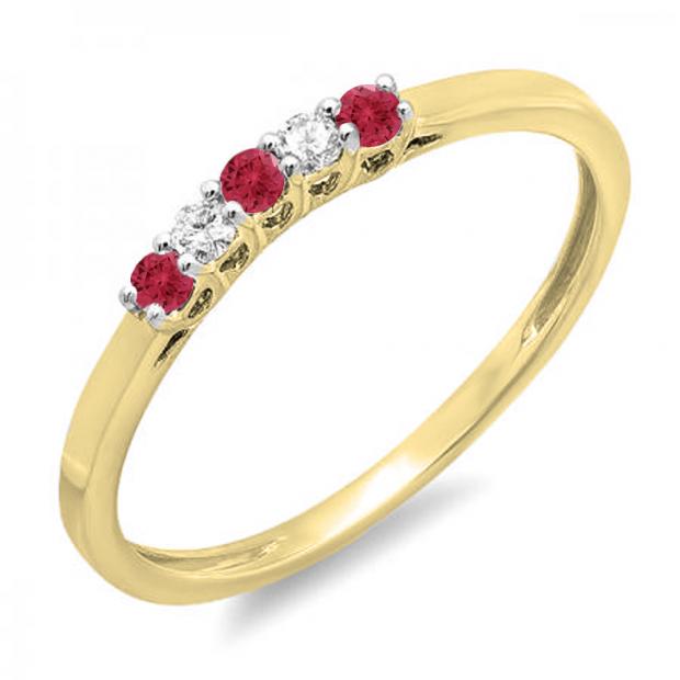 0.15 Carat (ctw) 10K Yellow Gold Round Red Ruby & White Diamond Ladies 5 Stone Anniversary Wedding Band Ring