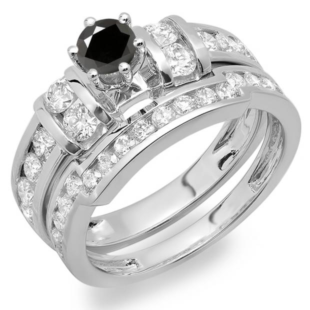 2.00 Carat (ctw) 10K White Gold Round Black & White Diamond Ladies Bridal Engagement Ring Matching Wedding Band Set 2 CT
