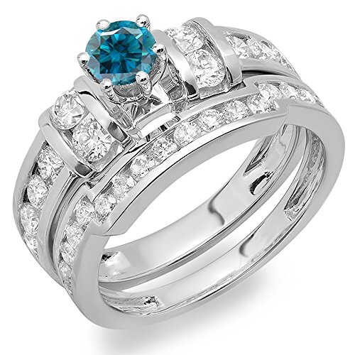 2.00 Carat (ctw) 14K White Gold Heart Shape Blue & Round White Diamond Ladies Bridal Engagement Ring Matching Wedding Band Set 2 CT
