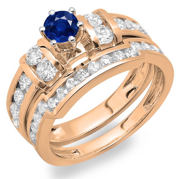 2.00 Carat (ctw) 10K Rose Gold Round Blue Sapphire & White Diamond Ladies Bridal Engagement Ring Matching Wedding Band Set 2 CT