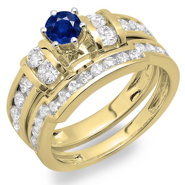 2.00 Carat (ctw) 14K Yellow Gold Round Blue Sapphire & White Diamond Ladies Bridal Engagement Ring Matching Wedding Band Set 2 CT
