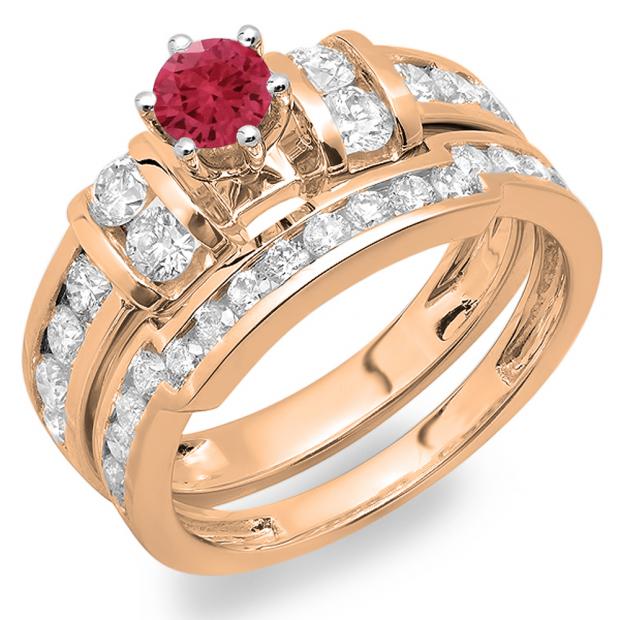 2.00 Carat (ctw) 10K Rose Gold Round Red Ruby & White Diamond Ladies Bridal Engagement Ring Matching Wedding Band Set 2 CT