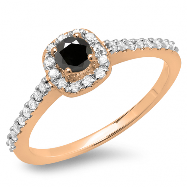 0.50 Carat (ctw) 10K Rose Gold Round Black & White Diamond Ladies Halo Bridal Engagement Ring 1/2 CT