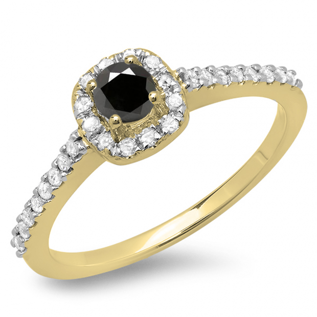 0.50 Carat (ctw) 10K Yellow Gold Round Black & White Diamond Ladies Halo Bridal Engagement Ring 1/2 CT