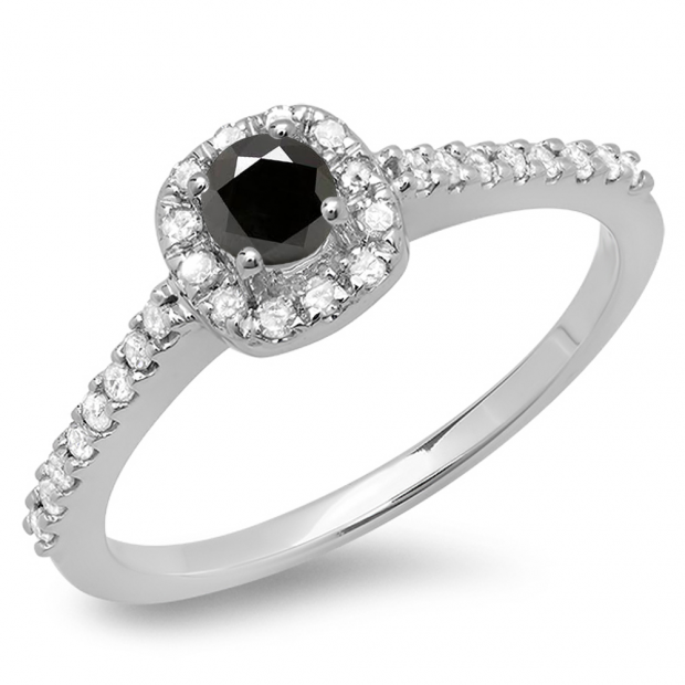 0.50 Carat (ctw) 18K White Gold Round Black & White Diamond Ladies Halo Bridal Engagement Ring 1/2 CT