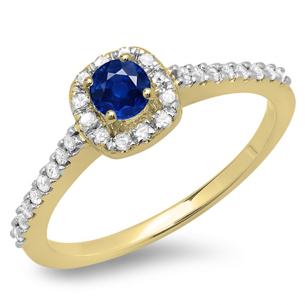 0.50 Carat (ctw) 10K Yellow Gold Round Blue Sapphire & White Diamond Ladies Halo Bridal Engagement Ring 1/2 CT