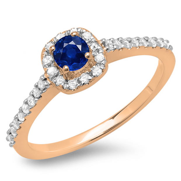 0.50 Carat (ctw) 14K Rose Gold Round Blue Sapphire & White Diamond Ladies Halo Bridal Engagement Ring 1/2 CT
