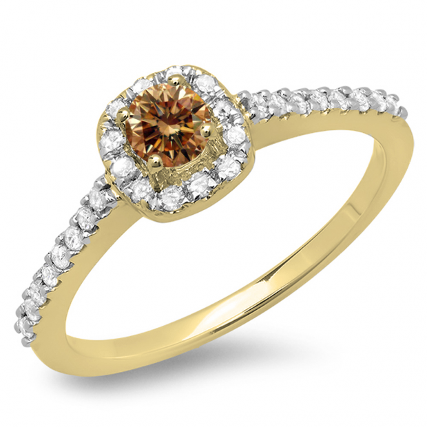0.50 Carat (ctw) 10K Yellow Gold Round Champagne & White Diamond Ladies Halo Bridal Engagement Ring 1/2 CT