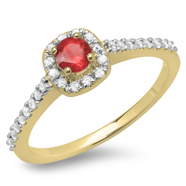 0.50 Carat (ctw) 14K Yellow Gold Round Red Ruby & White Diamond Ladies Halo Bridal Engagement Ring 1/2 CT