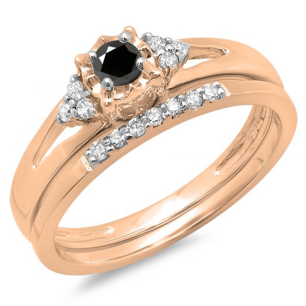 0.30 Carat (ctw) 14K Rose Gold Round Black & White Diamond Ladies Split Shank Bridal Engagement Ring Set With Matching Band 1/3 CT