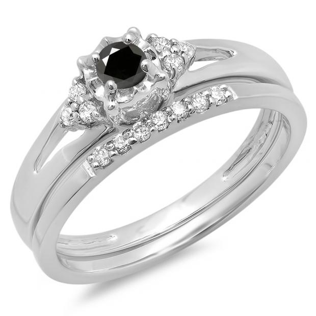 0.30 Carat (ctw) 14K White Gold Round Black & White Diamond Ladies Split Shank Bridal Engagement Ring Set With Matching Band 1/3 CT